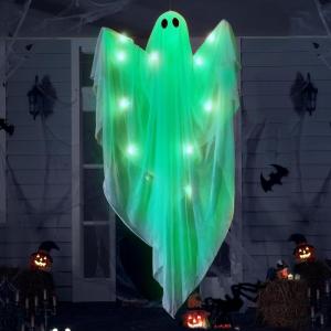 imageJOYIN Halloween Hanging Light up Ghost with Spooky Green LED Light 47 Halloween Hanging White Ghosts Decoration for Front Yard Patio Lawn Garden Party Decor Indoor OutdoorGreen Ghost