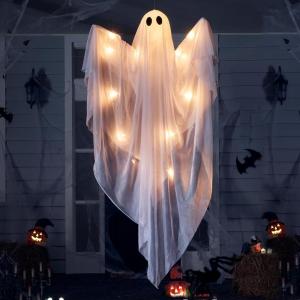 imageJOYIN Halloween Hanging Light up Ghost with Spooky Green LED Light 47 Halloween Hanging White Ghosts Decoration for Front Yard Patio Lawn Garden Party Decor Indoor OutdoorWarm White Ghost