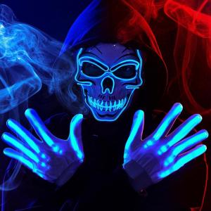 imageJOYIN Halloween LED Skull Mask with Light Up Gloves Purple Scary LED Skeleton and Glow in The Dark Skeleton Mask for Adult Men Women Halloween Cosplay Costume Accessory Dress UpBlue
