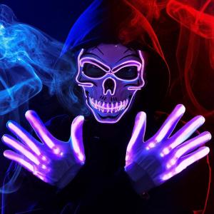 imageJOYIN Halloween LED Skull Mask with Light Up Gloves Purple Scary LED Skeleton and Glow in The Dark Skeleton Mask for Adult Men Women Halloween Cosplay Costume Accessory Dress UpPurple