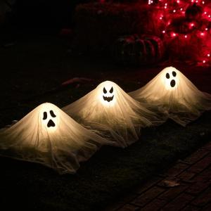 imageJOYIN Halloween Outdoor Decorations White Ghost Garden Stakes with Light Up Design 3 Packs Cloth Ghost for Halloween Lights Graveyard Yard Lawn Decorations