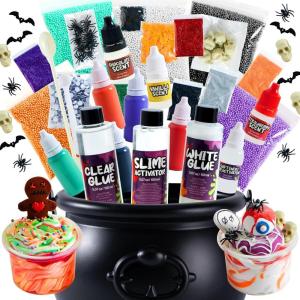 imageJOYIN Halloween Slime Kit for Kids Halloween Party Favor Art Activities Party Supplies DIY Slime Craft Kit with Cauldron Kettle Spooky Bats Eyeballs Pumpkins Skeletons Spiders for School Game