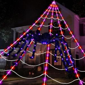 imageJOYIN Halloween Spider Decoration Outdoor with Web Lights 5Ft Giant Lightup Spiders and 164Ft Triangular Web Decor with 130 LED Lights 8 Lighting Modes for Yard Home Parties Haunted House Prop