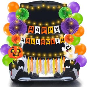 imageJOYIN Halloween Trunk or Treat Car Decorations Kit with Happy Themed Design Garage Archway Decor with Banner Paper Fans Balloons Tassel and Pumpkin Stickers