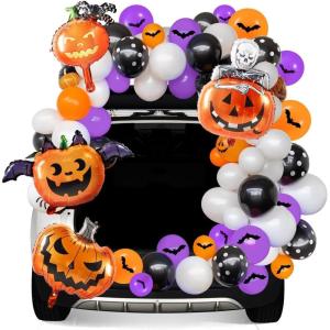 imageJOYIN Halloween Trunk or Treat Car Pumpkin Decoration Kit with Spider Bat Wing Skeleton Peppermint Foil Balloons for SUV Archway Garage House Outdoor Decor