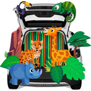 imageJOYIN Halloween Trunk or Treat Decorations Kit Jungle Theme with Rhinoceros Giraffe Parrot Chameleon Cheetah etc Zoo Animal Car Decorations Kit for Outdoor SUV Garage Archway Door House
