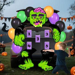 imageJOYIN Halloween Trunk or Treat Kit Zombie Toss Game Theme Decorations Large Scary Green Zombie Toss Cornhole with Balloons and Sandbags Halloween Car Decorations for SUV Garage Door Party Supplies