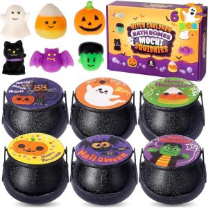 imageJOYIN Halloween Witch Cauldron Themed Bath Bomb with Mochi Squishy Toy 6 Packs Bubble Kids Bath Bombs with Surprise Toy Inside Trick or Treating Halloween Party Favors Supplies Goodie Bag Stuffers