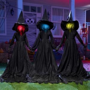 imageJOYIN Halloween Witch Decorations Outdoor Yard Stakes 3 Pack 42 FT Multicolored Light Up Scary Flying Witch with Sound Activation for Halloween Graveyard Lawn Yard Garden Decorations