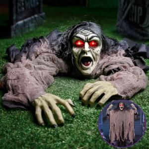 imageJOYIN Halloween Zombie Decorations Outdoor Halloween Groundbreaker Outside Decor Hanging Zombie Prop with Green Face and Lighted Eyes for Graveyard Haunted House Lawn Yard Indoor Decor