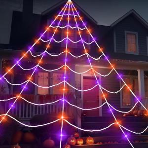 imageJOYIN Lightup Halloween Spider Web Decoration Outdoor 197 x 147 FT Giant Triangular Web with LED Lights Timer Cobweb Decor with 8 Lighting Modes for Indoor Yard Porch Haunted House Prop174 x 164 FT