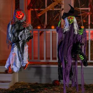 imageJOYIN Outdoor Halloween Decorations 2 Packs Hanging Ghosts Decor 39ft Witch and 3ft Pumpkin Face with Lighted Up Eyes Outside for Yard Patio Lawn Garden Party