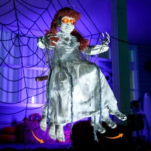 imageJOYIN Scary Halloween Decorations Outdoor Halloween Hanging Scary Swing Girl Decorations Winging White Doll with Creepy Sound and Light Up Eyes Sound Animatronics Hanging Decors ActivatedCreepy Brown hair Girl