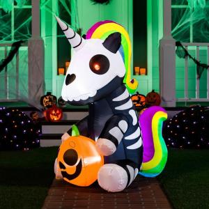 imageJoiedomi 5 FT Halloween Inflatables Skeleton Decor Outdoor Blow Up Decorations Sitting Skeleton Unicorn with LEDs for Halloween Decorations Outside Yard DecorSkeleton Unicorn