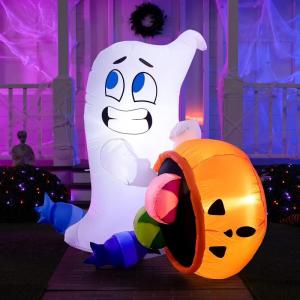 imageJoiedomi 5 FT Tall Halloween Inflatables Outdoor Decorations Inflatable Cute Ghost Halloween Decor Outdoor Blow Up Ghost Lift Pumpkin Candy Bag with Buildin LEDs for Yard DecorationsGhost with Pumpkin Candy Cauldron