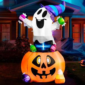 imageJoiedomi 5 FT Tall Halloween Inflatables Outdoor Decorations Inflatable Cute Ghost Halloween Decor Outdoor Blow Up Ghost Lift Pumpkin Candy Bag with Buildin LEDs for Yard DecorationsGhost with Candy