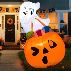 imageJoiedomi 5 FT Tall Halloween Inflatables Outdoor Decorations Inflatable Cute Ghost Halloween Decor Outdoor Blow Up Ghost Lift Pumpkin Candy Bag with Buildin LEDs for Yard DecorationsGhost with Pumpkin Candy Bag