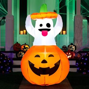 imageJoiedomi 5 FT Tall Halloween Inflatables Outdoor Decorations Inflatable Cute Ghost Halloween Decor Outdoor Blow Up Ghost Lift Pumpkin Candy Bag with Buildin LEDs for Yard DecorationsGhost with Pumpkin