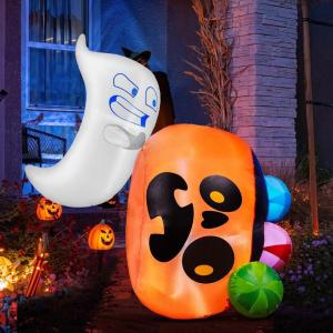 imageJoiedomi 5 FT Tall Halloween Inflatables Outdoor Decorations Inflatable Cute Ghost Halloween Decor Outdoor Blow Up Ghost Lift Pumpkin Candy Bag with Buildin LEDs for Yard DecorationsGhost With Handheld Pumpkin Candy Bag