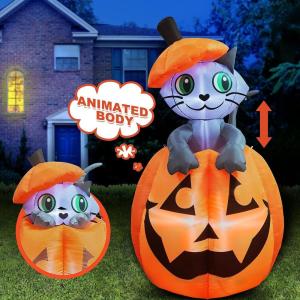 imageJoiedomi 5ft Tall Halloween Animated Inflatables Outdoor Decorations Inflatable Ghost on Pumpkin with LEDs Cute Blow Up Pumpkin Ghost Decor for Outside Yard Outdoor Lawn Garden Party DecorationCat
