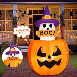 imageJoiedomi 5ft Tall Halloween Animated Inflatables Outdoor Decorations Inflatable Ghost on Pumpkin with LEDs Cute Blow Up Pumpkin Ghost Decor for Outside Yard Outdoor Lawn Garden Party DecorationGhost