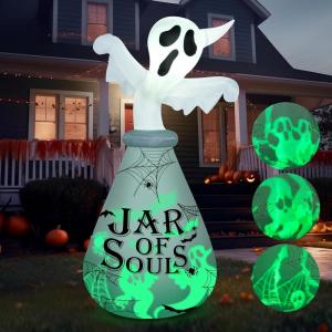 imageJoiedomi 6 FT Halloween Inflatable Outdoor Decoration Ghost Inflatable Halloween Decor Outdoor Blow Up Ghost in The Jar with Green Projecting LED for Halloween Yard Decoration