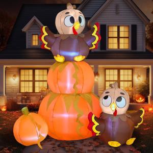 imageJoiedomi 6 FT Thanksgiving Inflatable Turkey Decorations LED Light Up Turkey with Pilgrim Hat Blow Up Decor for Thanksgiving Outdoor Decorations Halloween Inflatable for Yard GardenStacking Pumpkin Turkey