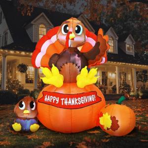 imageJoiedomi 6 FT Thanksgiving Inflatable Turkey Decorations LED Light Up Turkey with Pilgrim Hat Blow Up Decor for Thanksgiving Outdoor Decorations Halloween Inflatable for Yard GardenTurkey on Pumpkin