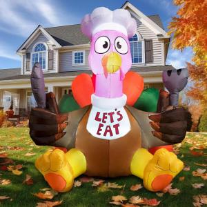 imageJoiedomi 6 FT Thanksgiving Inflatable Turkey Decorations LED Light Up Turkey with Pilgrim Hat Blow Up Decor for Thanksgiving Outdoor Decorations Halloween Inflatable for Yard GardenTurkey with Cutlery