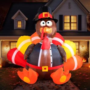 imageJoiedomi 6 FT Thanksgiving Inflatable Turkey Decorations LED Light Up Turkey with Pilgrim Hat Blow Up Decor for Thanksgiving Outdoor Decorations Halloween Inflatable for Yard GardenTurkey with Pilgrim Hat