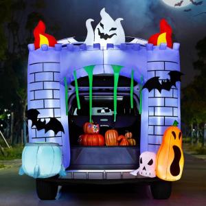 imageJoiedomi 6 ft Halloween Inflatable Outdoor Decorations Trunk or Treat Car Decorations Halloween Blow Ups Haunted Castle with Buildin LEDs Inflatable Pumpkin and Ghost for Outside Decor