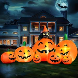 imageJoiedomi 7 FT Long Halloween Inflatables Pumpkin Outdoor Decorations 7 Pumpkins Outside Decoration with Witchs Cat with Buildin LEDs Blow Up Inflatables for Party Yard Lawn Garden Decor