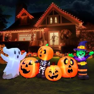 imageJoiedomi 8 ft Long Halloween Inflatable Three Characters and Pumpkin Patch Outdoor Decoration Blow Up Inflatables Witch Ghost Skeleton Yard Decorations with LEDs for Party Yard Lawn Garden DecorPumpkin Ghost