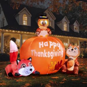 imageJoiedomi Thanksgiving Inflatable Decoration 6 FT Long Turkey Cornucopia Inflatable with Builtin LEDs for Thanksgiving Party Indoor Outdoor Yard Garden Lawn Fall DecorRacoon and Squirrel with pumpkin