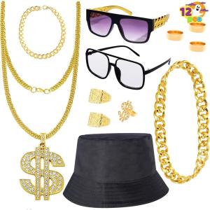 imageSpooktacular Creations 12 Pcs Hip Hop Costume Kit 80s 90s Rapper Fake Gold Chain Necklace Dollar Sign Accessories Outfit for Men Women Halloween Old School Rapper Cosplay Themed Party Supplies