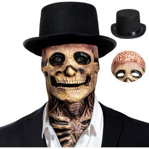 imageSpooktacular Creations 2PCS Halloween Skull Mask with Black Top Hat Scary Full Head Skeleton Creepy Realistic Biochemical Latex Mask for Men Women Kids Halloween Cosplay Costume Accessory