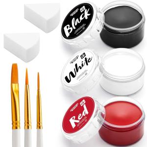imageSpooktacular Creations 8 PCS Halloween Makeup Kit 3 Face Body Paint Oil Based Foundation Set with 3 Painting Brushes 2 Sponges for Halloween Clown SFX Zombie Skeleton Cosplay White Black Red 