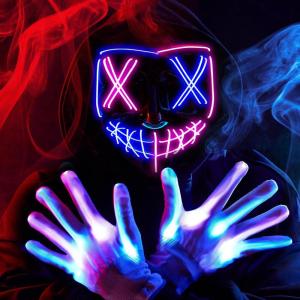 imageSpooktacular Creations Halloween Led Light Up Scary Mask and Gloves for Halloween Cosplay Costume Pink ampamp Blue 3 Modes Glow in The Dark Mask for Adult Men Women Teen Party Dress Up Accessory Gifts