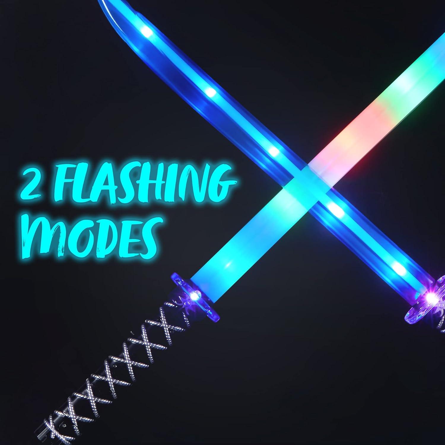 imageJOYIN 2 Packs Toys Ninja Swords for Kids with Motion Activated Clanging Sounds Vibrant Blue and Multi Color Deluxe Play Sword for Halloween Party Costume Accessories