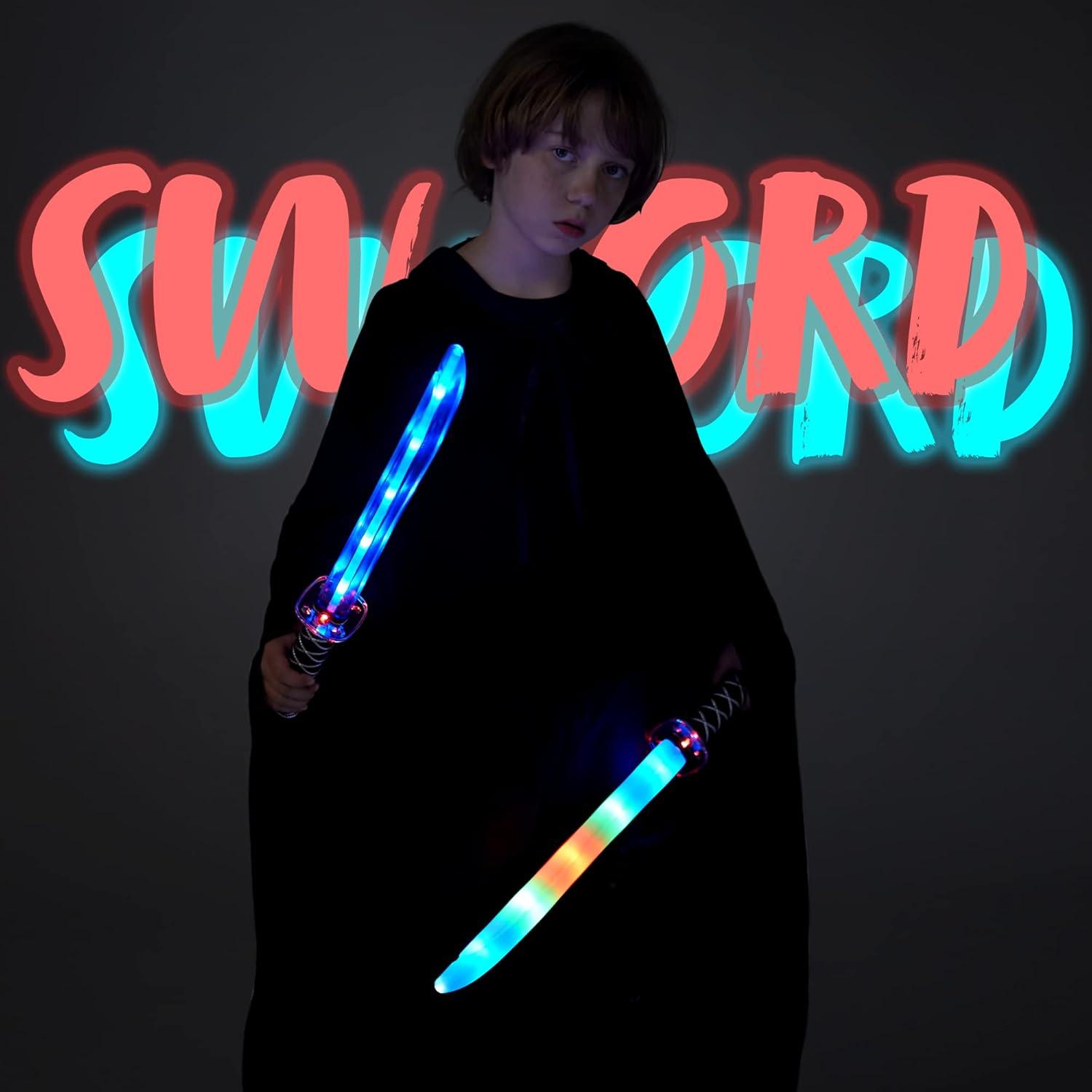 imageJOYIN 2 Packs Toys Ninja Swords for Kids with Motion Activated Clanging Sounds Vibrant Blue and Multi Color Deluxe Play Sword for Halloween Party Costume Accessories