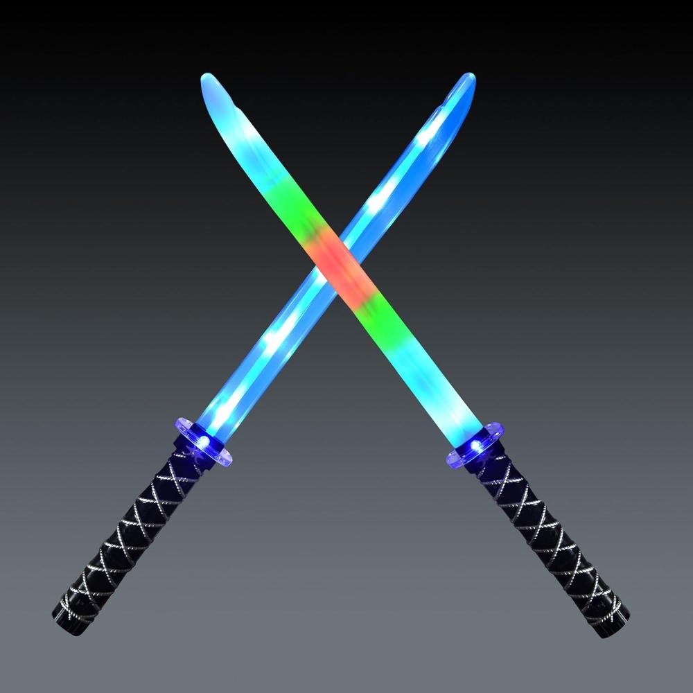 imageJOYIN 2 Packs Toys Ninja Swords for Kids with Motion Activated Clanging Sounds Vibrant Blue and Multi Color Deluxe Play Sword for Halloween Party Costume Accessories