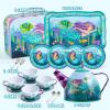 imageJOYIN 35Pcs Mermaid Tea Party Set for Little Girls Pretend Tin Teapot Set Princess Tea Time Play Kitchen Toy with Dessert Doughnut Carrying Case for Birthday Easter Gifts Kids Toddlers Age 3 4 5 6Mermaid Tin Teapot Set