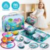 imageJOYIN 35Pcs Mermaid Tea Party Set for Little Girls Pretend Tin Teapot Set Princess Tea Time Play Kitchen Toy with Dessert Doughnut Carrying Case for Birthday Easter Gifts Kids Toddlers Age 3 4 5 6Mermaid Tin Teapot Set