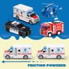 imageJOYIN 4 Packs Emergency Vehicle Toy Playsets Friction Powered Vehicles with Light and Sound Including Fire Truck Ambulance Play Police Car and Helicopter Christmas Toddler Kids Boys Gifts