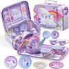 imageJOYIN Unicorn Tea Party Set for Little Girls Pretend Pink Tin Teapot Set Princess Tea Time Play Kitchen Toy with Teapot Cup Plate Carrying Case for Kids Toddlers Age 3 4 5 6 Gift for ChristmasPurple Unicorn