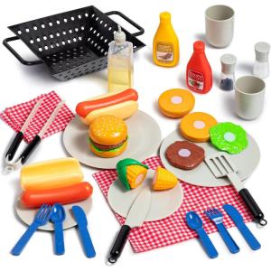 image27 PCS Kids BBQ Grill Playset Backyard Barbecue Play Grill Toy Set for Toddlers Play Food Sets for Kids Kitchen