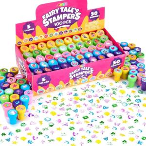 imageJOYIN 100 Pcs Assorted Stamps for Kids SelfInk Stamps 50 Different Designs Dinosaur Zoo Safari Stampers for Party Favor Carnival Prizes School Easter Egg Stuffers Halloween ChristmasFairyTale