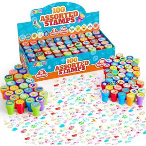 imageJOYIN 100PCS Assorted Stamps for Kids SelfInk for Party Favor Teacher Stamps Kids Treasure Box Prize for Classroom Easter Egg Stuffers 50 Designs Dinosaur Halloween Stampers