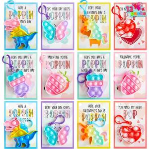 imageJOYIN 12 Packs Cards with Pop Fidget Keychain Toys Stress Anxiety Relief Fidget Toys with Cards for Kids Classroom Exchange Prizes Party Favors