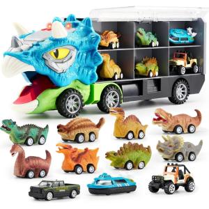 imageJOYIN 13 in 1 Dinosaur Toys for Kids 35 Dinosaur Truck with 12 Pull Back Cars Birthday Gifts Toys for 3 4 5 Year Old Boy Transport Carrier Truck for Toddlers Christmas Great Gifts for GrandkidsTriceratops Truck